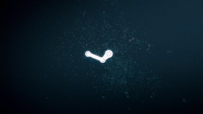 Steam logo on a dark, pixelated background
