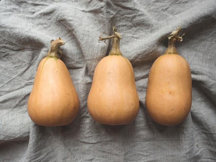Three butternut squash on a grey linen background