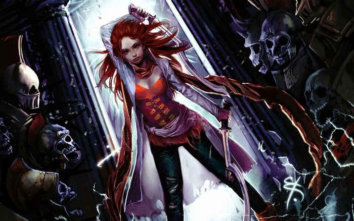 Red-haired woman with sword and skulls