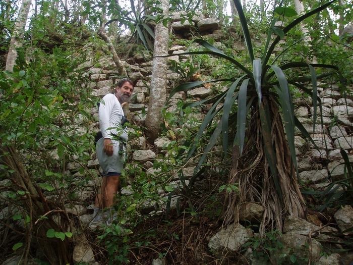 Man standing near ancient stone wall in jungle