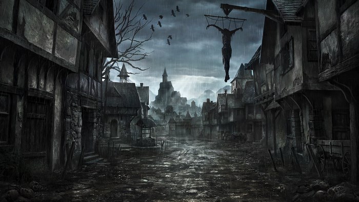 Gallows in a dark medieval town during rain