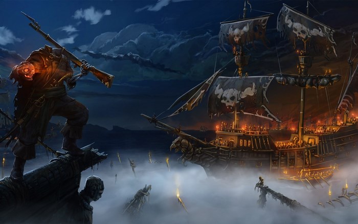 Undead pirate with a rifle and a pirate ship