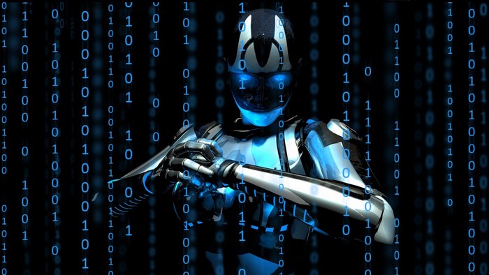 Robot in front of binary code