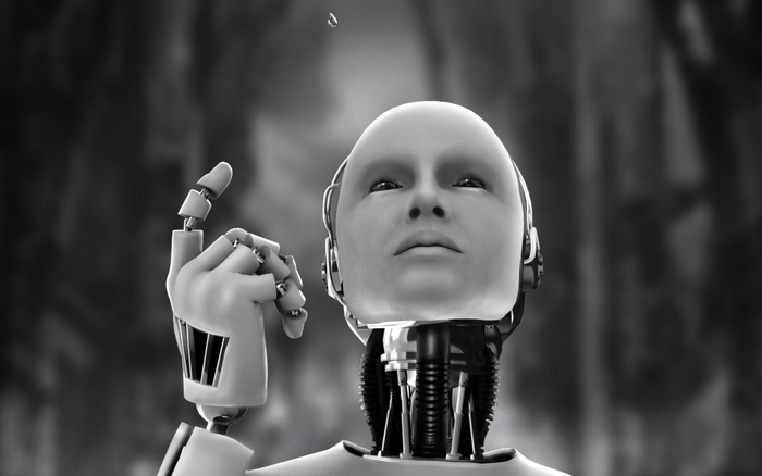 Robot with metallic neck and articulated hand