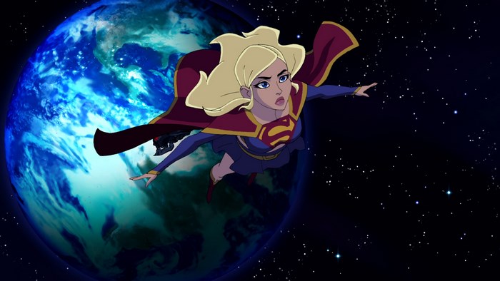 Supergirl flying in space near Earth
