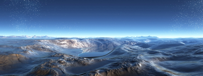 Alien Landscape with Lake and Mountains