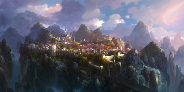 Fantasy city on a mountain cliff with waterfalls