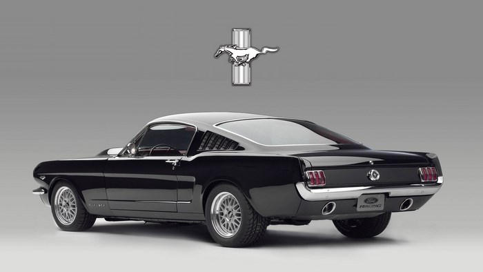 Black 1965 Ford Mustang Fastback with Ford Racing logo