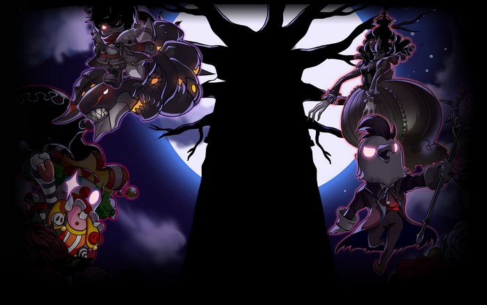 MapleStory characters in front of a large tree and moon