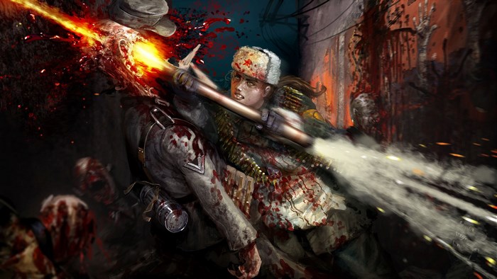 Girl with machine gun fighting zombies