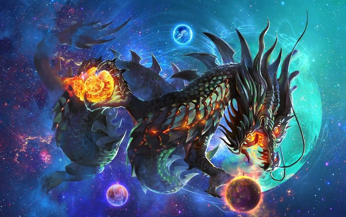 Cosmic Dragon Breathing Fire Among Planets