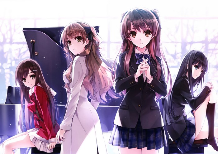 Four anime girls in school uniforms and a red coat by a piano
