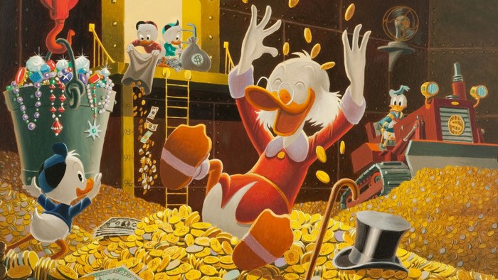 Scrooge McDuck and nephews swimming in money