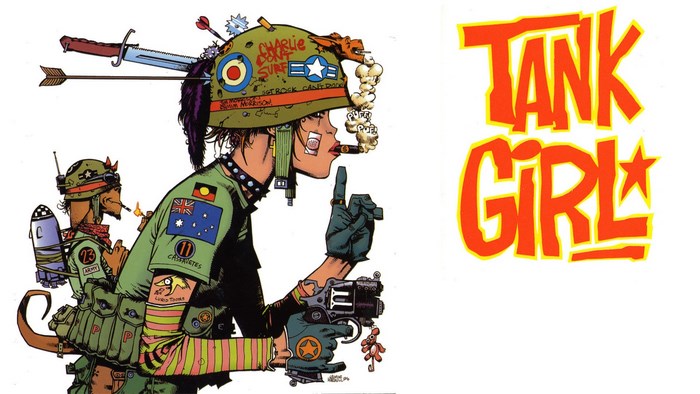 Tank Girl and companion with Tank Girl logo
