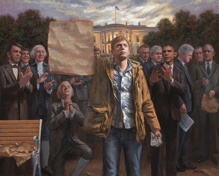 Presidents and a young man holding the Constitution in front of the White House