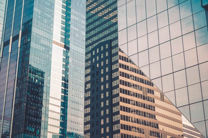 Modern skyscrapers with glass facades and reflections