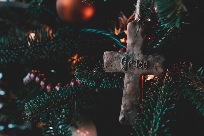 Christmas tree ornament with the word Grace