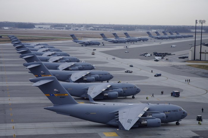 Boeing C-17 Globemaster III aircraft lined up on tarmac