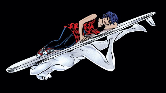 Silver Surfer with a woman on his surfboard