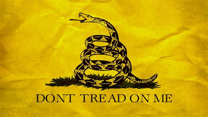Gadsden flag with coiled rattlesnake and text