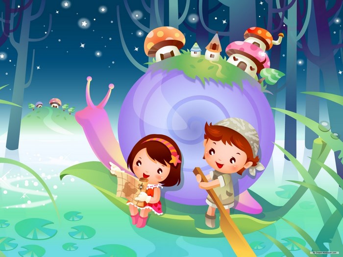 Children riding a giant snail through a magical forest