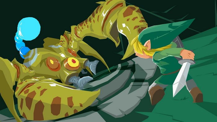 Link from The Legend of Zelda: Phantom Hourglass fights a scorpion monster