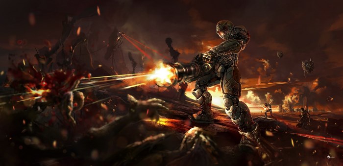 Doom Slayer fighting demons in hell