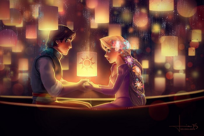 Rapunzel and Flynn Rider in Tangled lanterns scene