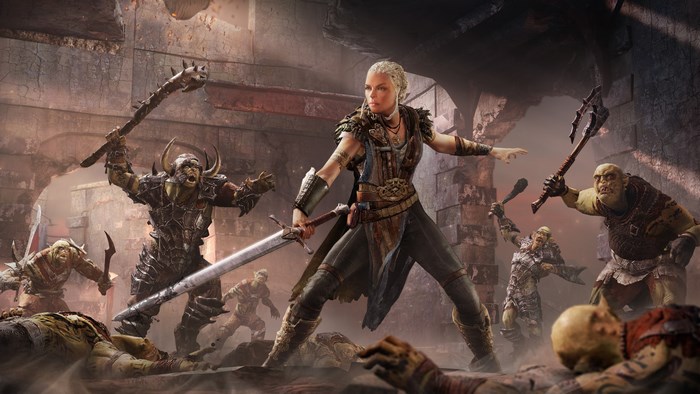 Talion from Middle-earth: Shadow of Mordor fighting Orcs