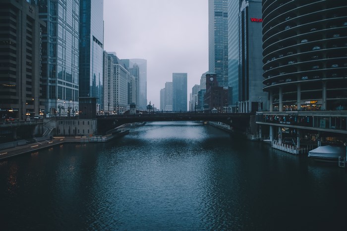 Chicago River and Marina City Towers on a Foggy Day