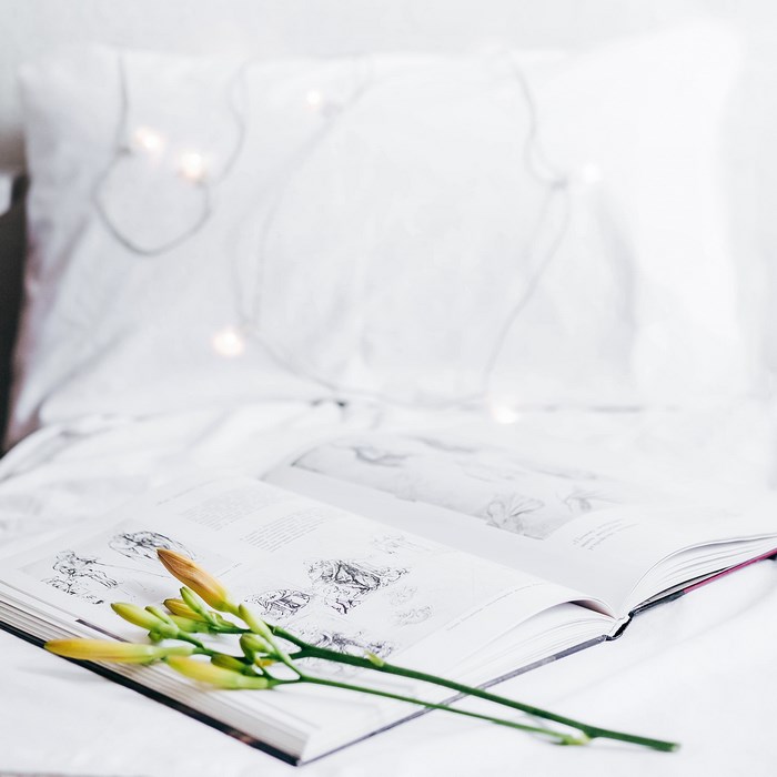 Book with flowers and fairy lights on a bed