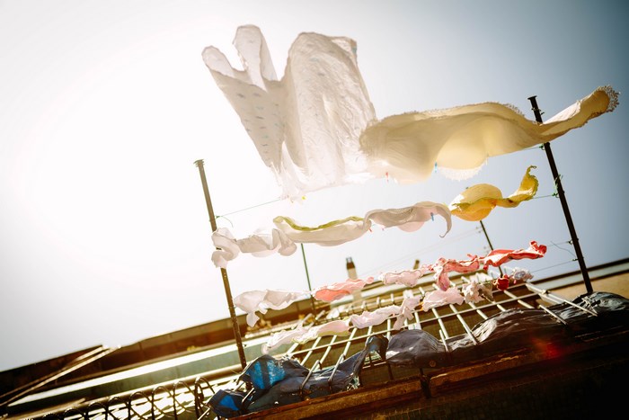 Laundry drying on a clothesline in the sun