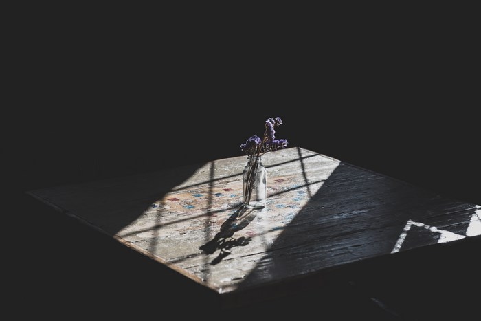 Vase with purple flowers on a table with light rays