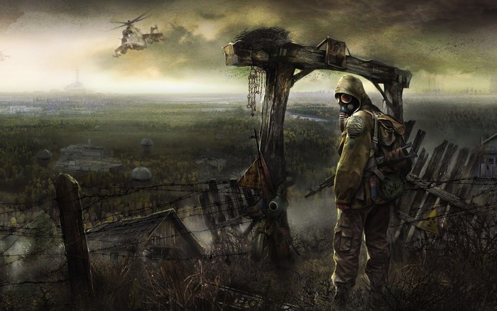 Stalker character in a post-apocalyptic landscape
