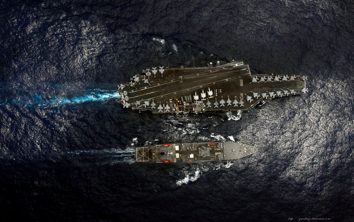 USS Kitty Hawk Aircraft Carrier in Open Sea