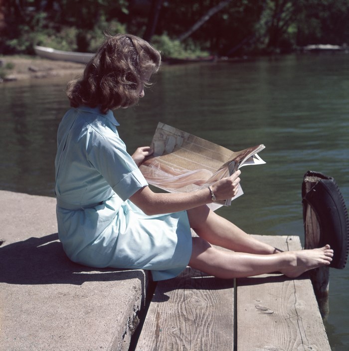 6691x6734 relaxation, barefoot, vintage, young, lake, reading, sitting