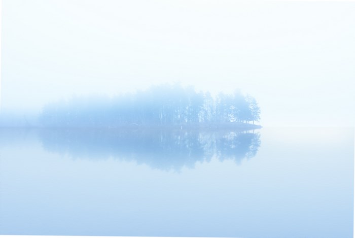 Misty island with trees reflected in calm water