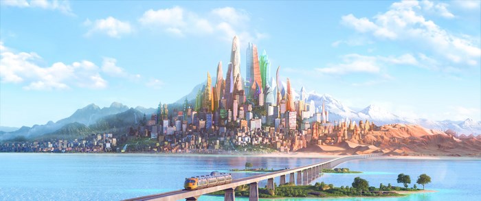 Zootopia cityscape with train on bridge