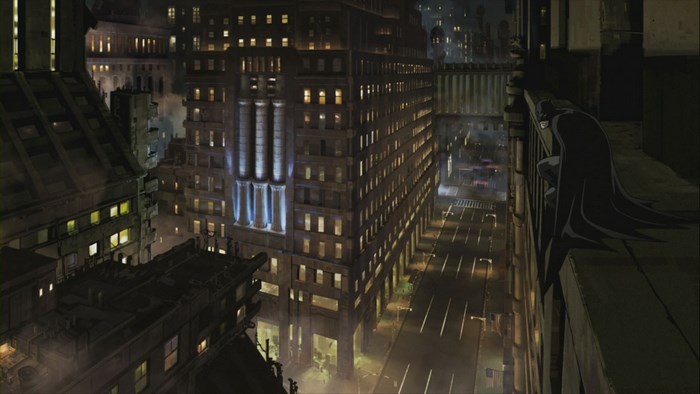 Batman overlooking Gotham City at night