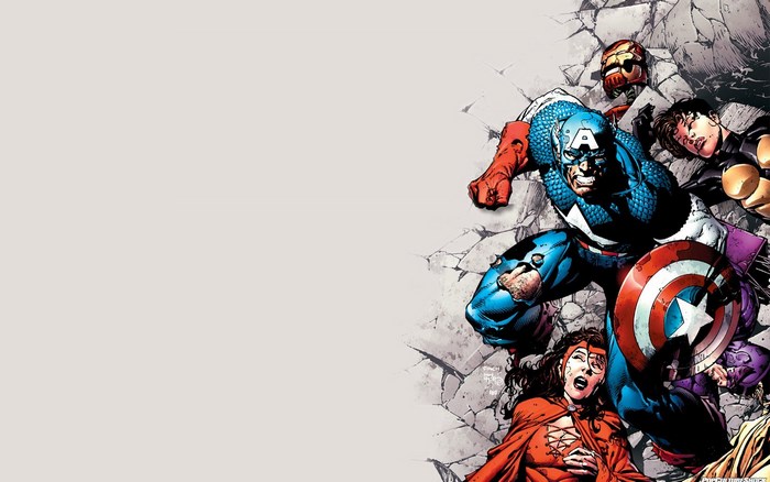 Captain America and the Avengers breaking through a wall