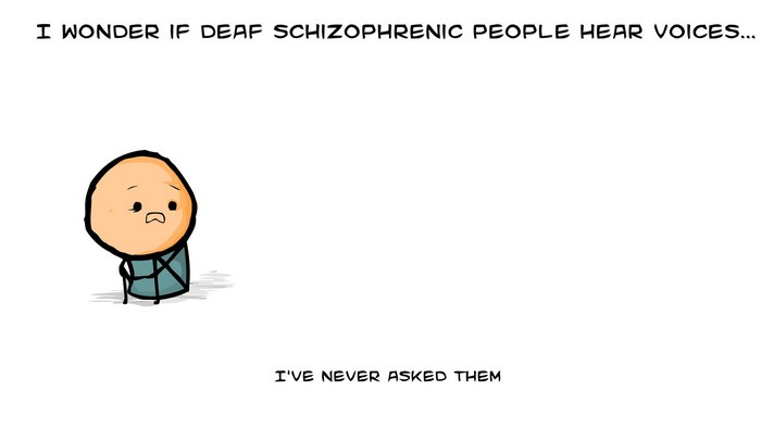 Cyanide and Happiness comic about deaf schizophrenic people