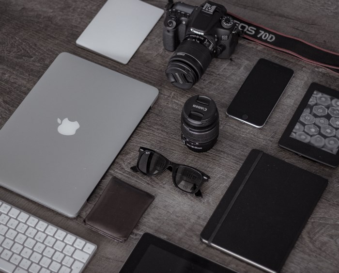 Canon 70D Camera and Apple MacBook Flatlay