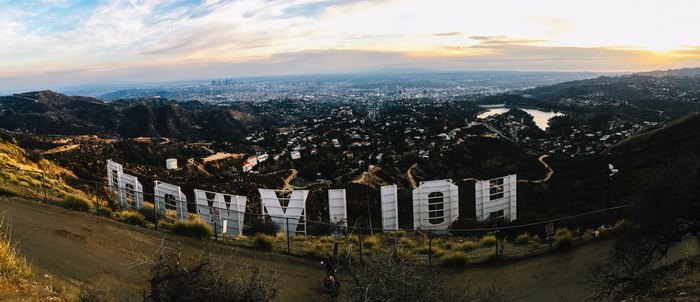 Hollywood Sign overlooking Los Angeles at sunset