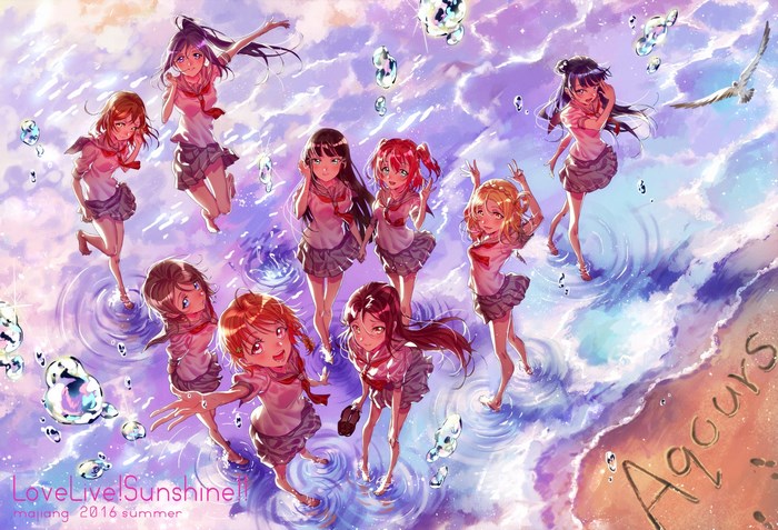 Aqours from Love Live! Sunshine!! on a beach