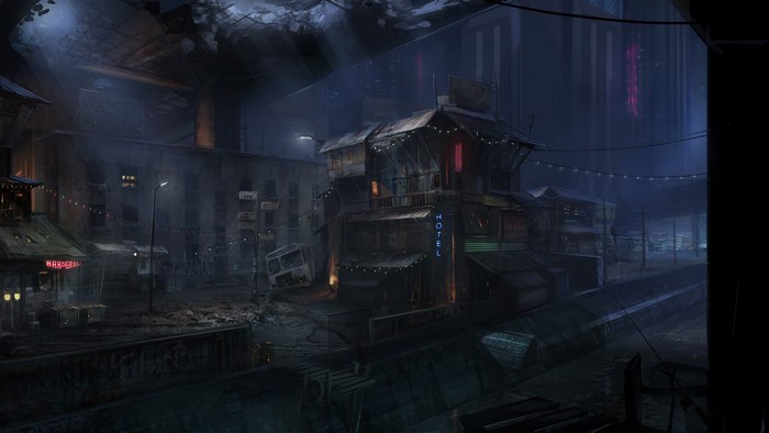 Afterfall Insanity cityscape with hotels and shops
