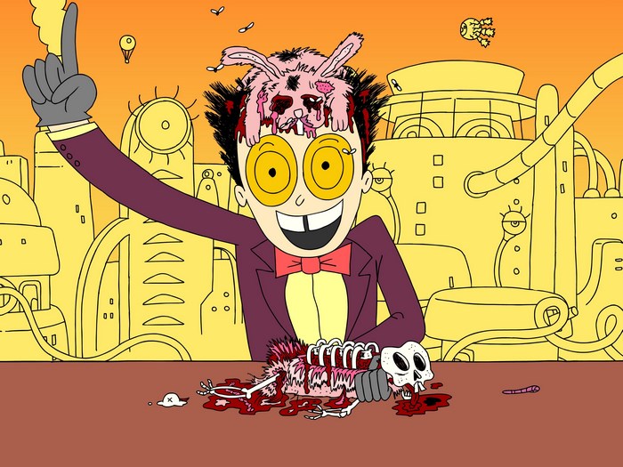 Superjail! character with gore and machinery