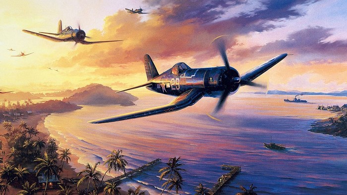 WWII Fighter Planes Over Tropical Island at Sunset