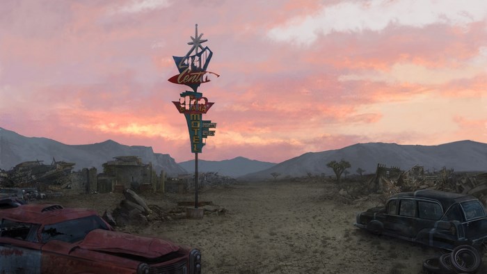 Post-apocalyptic desert landscape with motel sign