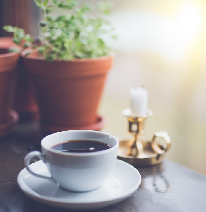Coffee cup with plant and candle by window