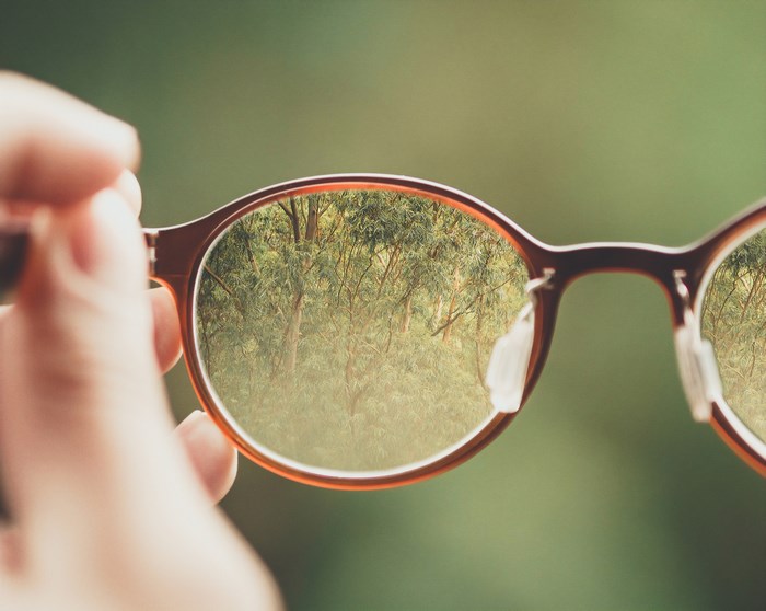 Hand holding glasses reflecting a forest in Brazil
